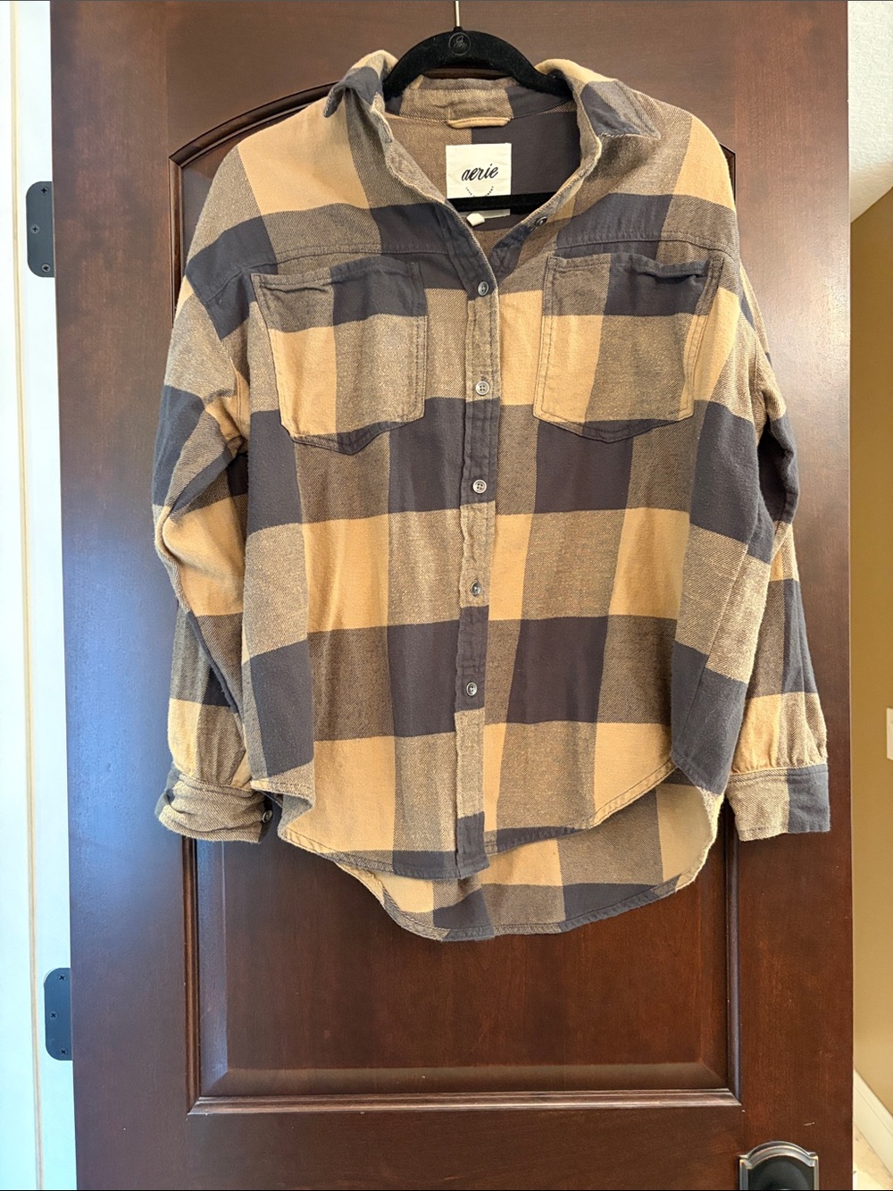 Aerie Women’s Stone Plaid Anytime Fave Button Down Flannel Shirt Sz XS